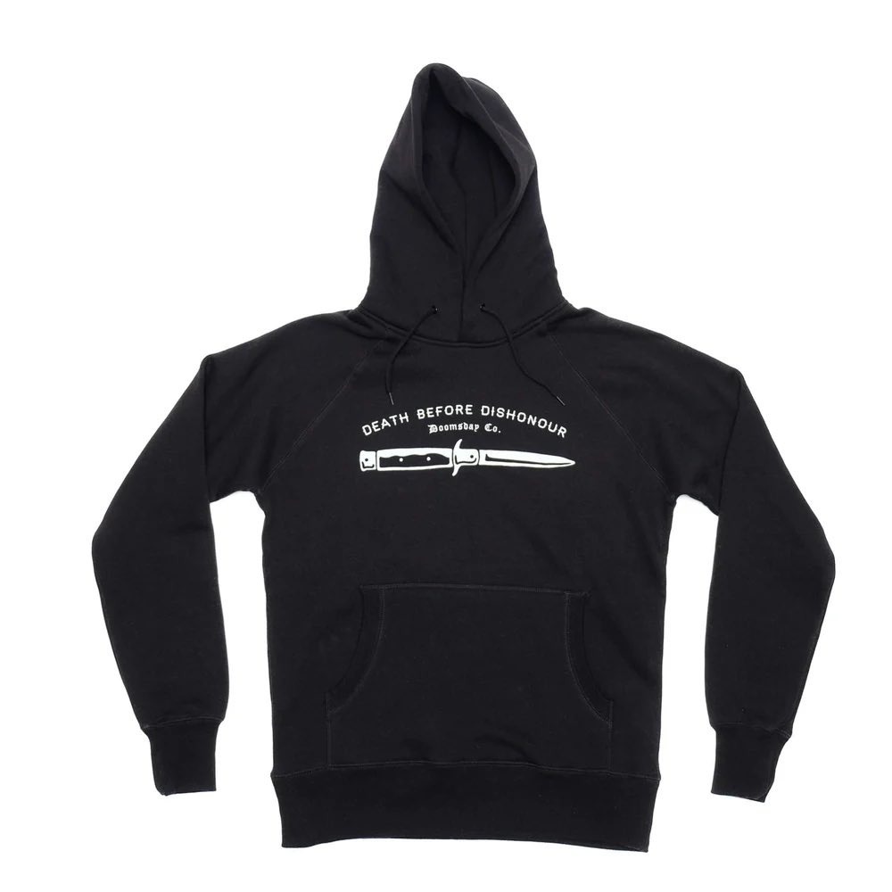 Doomsday Co Death Before Dishonour Black Graphic Hoodie Switchblade Knife Medium